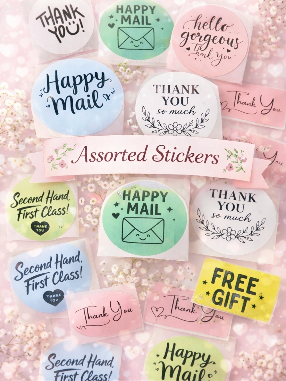 100 Assorted Thank You & Happy Mail Stickers Bundle Mixed Designs/Colors